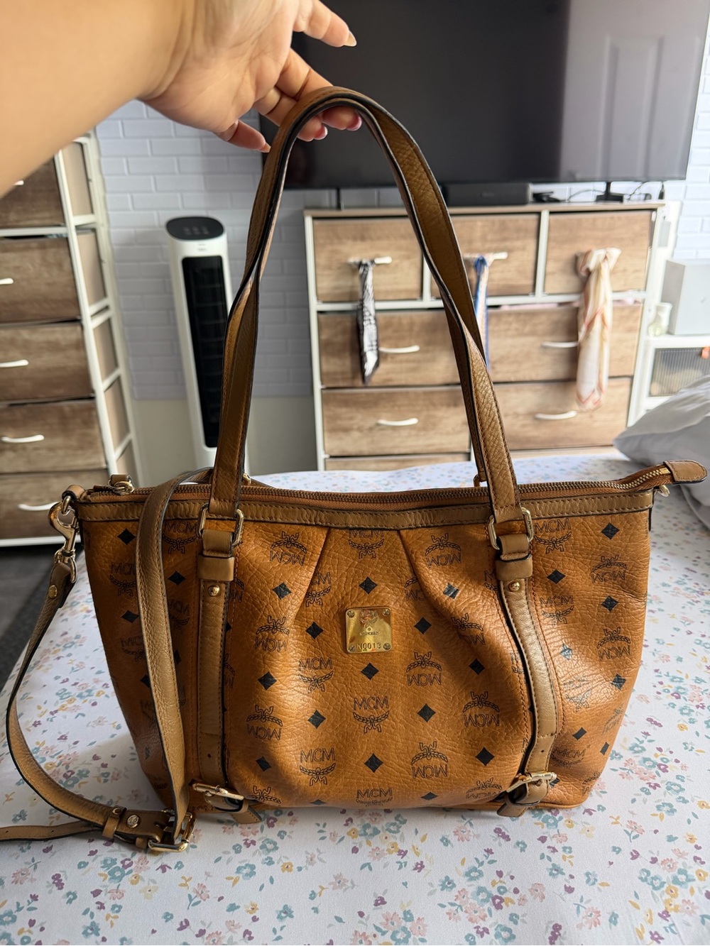 MCM Visetos Cognac Brown Shoulder Tote